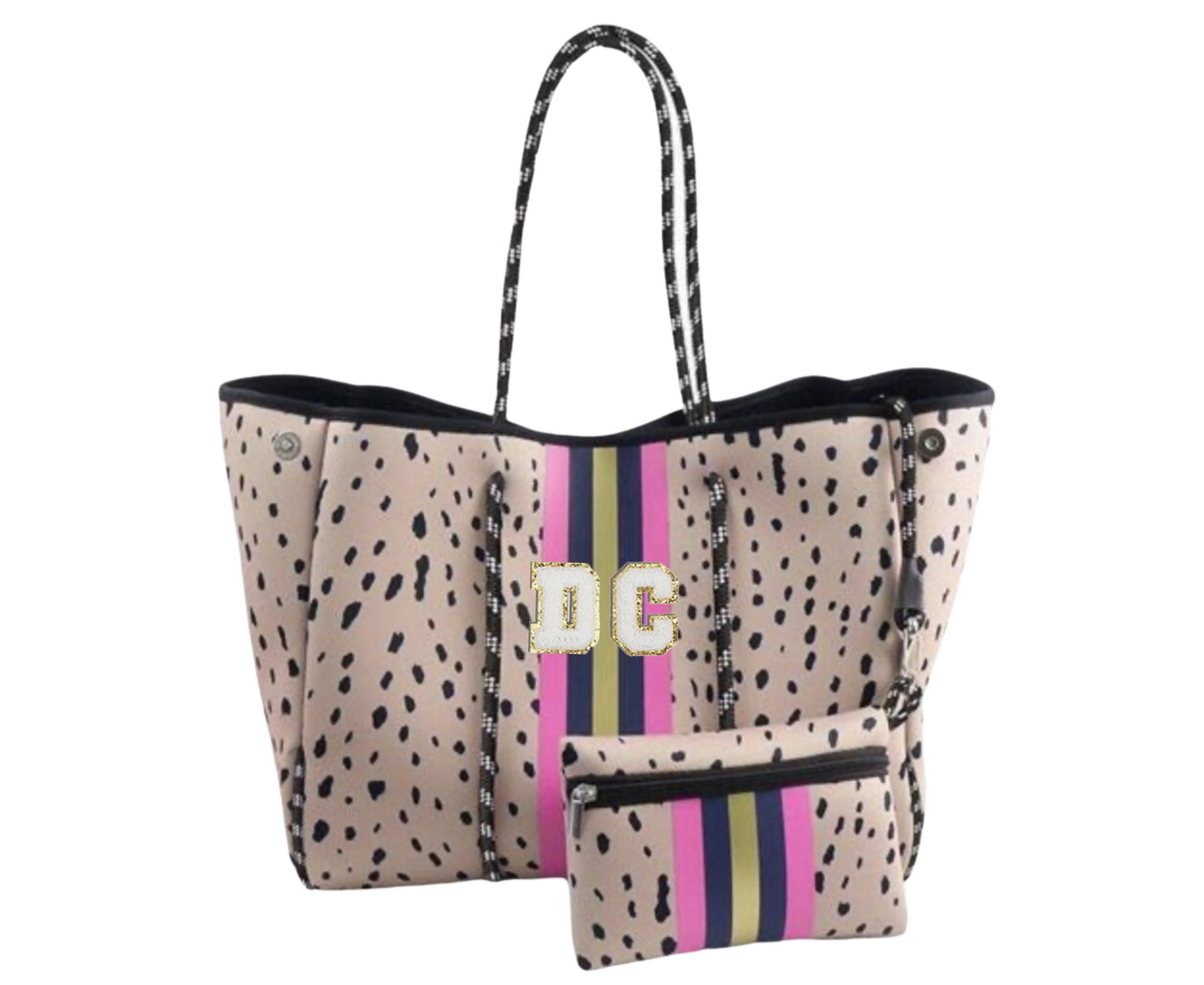 Personalized Neoprene Tote Bag | Monogrammed | Gifts Happen Here Orange & Hot Pink Leopard