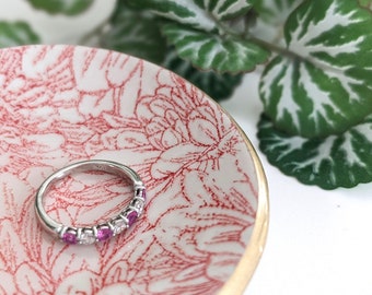 Handmade Red Floral Clay Jewelry Dish, Gold Leaf Edge Ring Holder