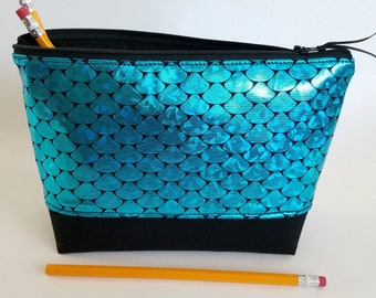 Turquoise Scales Makeup Bag, Triangular Pouch, Toiletry Bag, Accessories bag, Organizer pouch, Travel bag, Shiny bag, Mermaid Makeup Bag