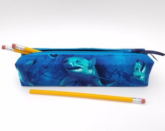 Pencil Case Made From Licensed Jaws Fabric, Makeup Brush Bag, Artists Bag, Great White Sharks