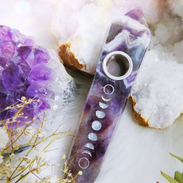CRYSTAL PIPE - Amethyst moonphase gemstone pipe, boho smoking pipe, purple smoking bowl, moon child, witchy girly pipe, unique gift