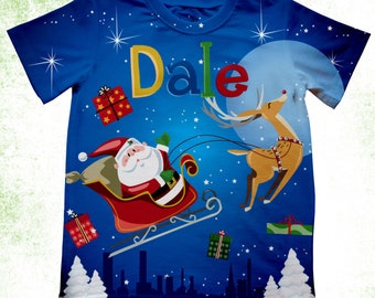 Personalized Christmas T-Shirt, Santa Shirt With Name, Kids Christmas Shirt, Custom Toddler Boy T-Shirt, Santa Sleigh, Boy Reindeer Outfit