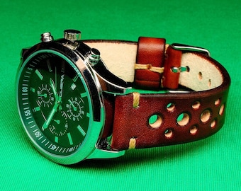 Handmade Watch Strap Rally Brown Cognac Italian Leather: 18mm-24mm, Watch Band, Vegetable Tanned,099