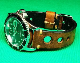 Handmade Rally Watch Strap Distressed Leather: 18mm-24mm, Watch Band, Vintage Style,059-2