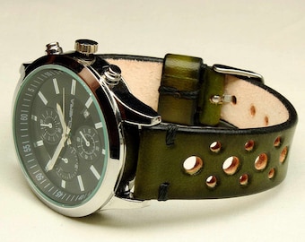 Handmade Watch Strap Rally Green Itallian Leather: 18mm-24mm, Watch Band, Chromexcel Vegetable Tanned,100