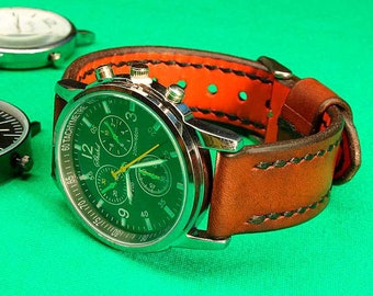 Handmade Leather Watch Strap Chromexcel Brown Cognac Color: 18mm-24mm, Watch Band, Vegetable Tanned,012