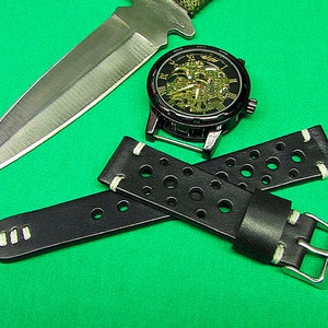 Handmade black leather Rally Watch Strap 24mm, 22mm, 20mm, 18mm, Leather Watch Strap, watch strap leather Black Itallian Leather, 050