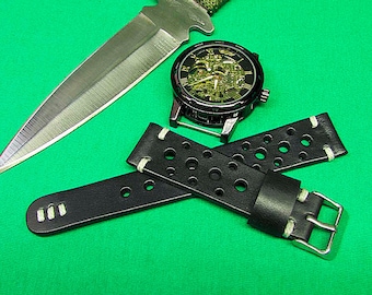 Handmade Rally Watch Strap Black Italian Leather: 18mm-24mm, Distressed Watch Band, Vintage Style,050