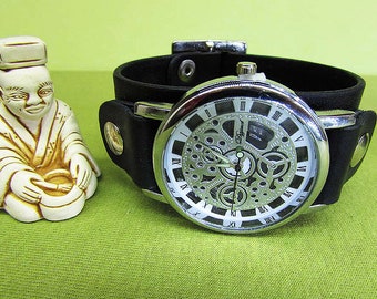 Handmade Black Leather Cuff Watch Strap: 16mm-24mm, Chromexcel Watch Band, Vegetable Tanned,065-2