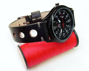 Handmade Rally Watch Strap Black Leather: 18mm-24mm, Chromexcel Watch Band, Italian Vegetable Tanned,061