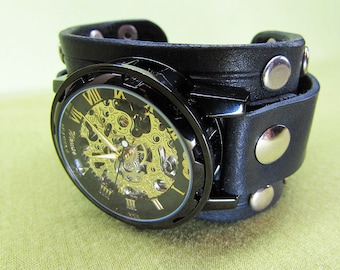 Handmade Black Watch Cuff Strap: 18mm-24mm, Leather Watch Band, Itallian Vegetable Tanned,043