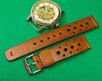 Handmade Rally Watch Strap Whiskey Itallian Leather: 18mm-24mm, Chromexcel Watch Band, Vegetable Tanned,024