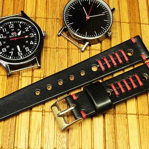 Handmade Horween Black Leather Rally Watch Strap 24mm, 22mm, 20mm, 18mm, Watch Strap Leather, watch band, Leather Watch Strap, 071