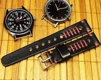 Handmade Horween Black Leather Rally Watch Strap 24mm, 22mm, 20mm, 18mm, Watch Strap Leather, watch band, Leather Watch Strap, 071