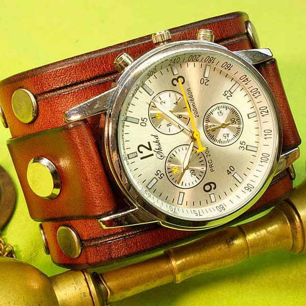 Handmade Brown cognac Watch cuff strap, Mens Leather Watch strap, Leather Watch band 18mm, 20mm, 22mm, 24mm, Watch band, 070