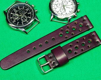 Handgemaakte Rally Horlogeband Horween Donker Bloed Bordeaux Leer, Lederen horlogeband 24mm, 22mm, 20mm, 18mm, Unisex horlogeband Leer, 028