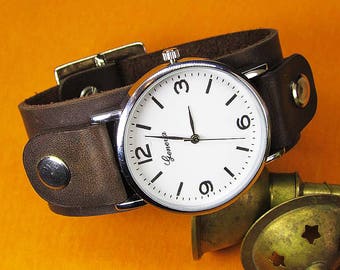 Handmade Brown Leather Cuff Watch Strap: 18mm-24mm, Distressed Watch Band, Vintage Style,017