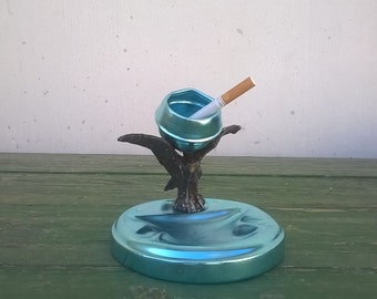 Vintage metal ashtray/Ashtray with eagle/Ashtray with cigarette holder/ Gift for smokers/Blue metal ashtray/Home decor/Art Decor/From 1960s