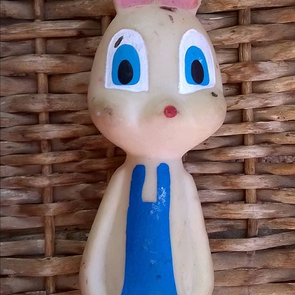 Rubber bunny rubber toy/White bunny with blue pants and pink ears/ Toy of compression/ Vintage