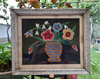 Vintage tapestry / 1960s / Wooden frame / Vintage florals/ Flowers /Handmade