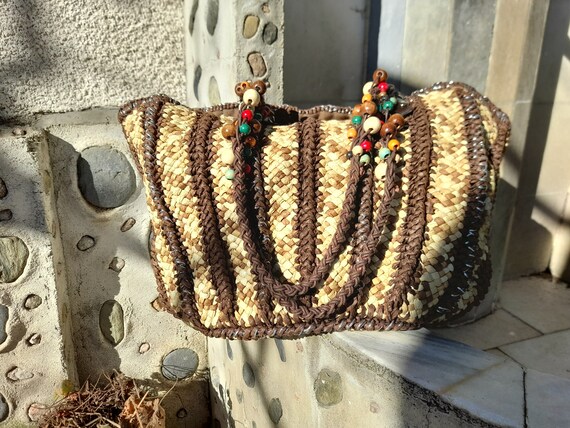 Vintage straw bag / Shoulder bag / Bead bag