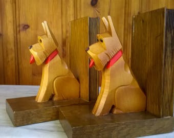 Antique bookends/ brown dogs/ Art-Deco Bookends/Animals Wood Carving/ Mounted on Wood/Vintage Decor/office decor sculpture/wooden sculpture
