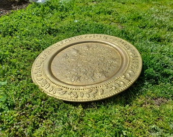 Vintage 23 Inch Brass Tray Table Top Wall Hanging Tray / Hand forged