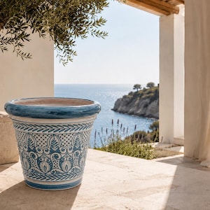 Può includere: Un grande vaso in ceramica di forma conica con un bordo blu lucido e un corpo bianco decorato con intricati motivi blu di foglie, volute e forme geometriche. Il vaso presenta un bordo superiore ampio e arrotondato e una base piatta.