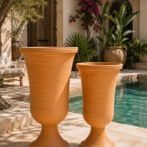 Peut inclure: Deux grandes jardinières en terre cuite brun clair avec un corps évasé en forme de trompette et une large base circulaire. Chaque jardinière présente un motif de vagues en relief sur le bord supérieur, ajoutant une texture à la surface.