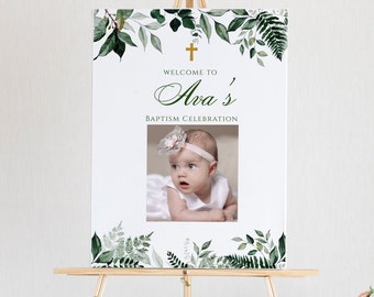 Christening Welcome Signs Template, Editable Baptism Reception Poster, Babu shower signs, Welcome baptism sign, INSTANT DOWNLOAD, #GREEN