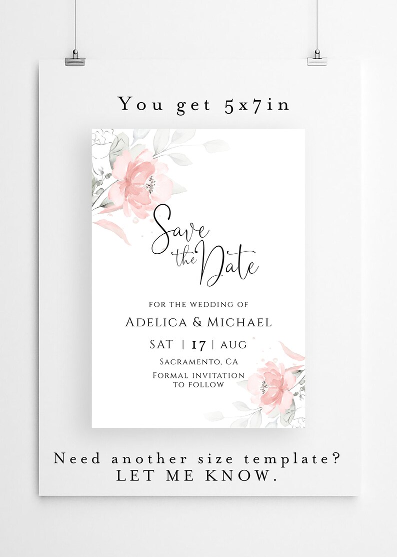 Templett Pink Floral save the date Printable Save the date template Bohemian Save The Date Card Instant Download 100/% Editable Text