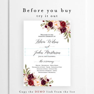 Marsala Program Template, Printable Ceremony Template, Fully Editable ...