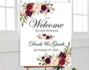 Welcome signs, Wedding welcome signs, Marsala signs, Welcome To Our Wedding, Editable Wedding Signs, Burgundy Sign, Marsala, Horizontal sign