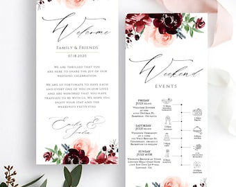 Timeline Program Template, Burgundy Order of Events, Ceremony Program, Burgundy floral wedding program 100% Editable, Templatett G98L