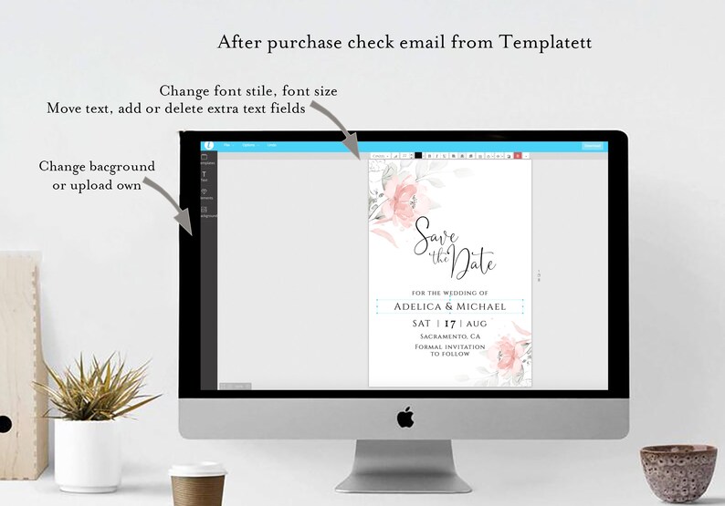 Templett Pink Floral save the date Printable Save the date template Bohemian Save The Date Card Instant Download 100/% Editable Text