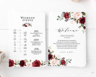 Navy burgundy Wedding Timeline template, Welcome Letter Template, Editable Welcome Letter & Itinerary Timeline,  Order of Events, INSTANT