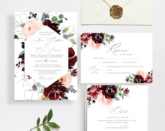 Floral Wedding Invitation Template Download, Burgundy Wedding Invitation, INSTANT DOWNLOAD, Wedding Invite Suite, Printable Invitation G98L