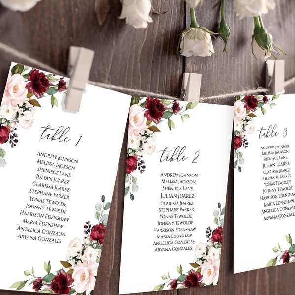 Burgundy Seating Chart Template, Editable Seating Cards, Seating Chart Sign, Wedding Seating Chart Template, Floral chart, Instant Download