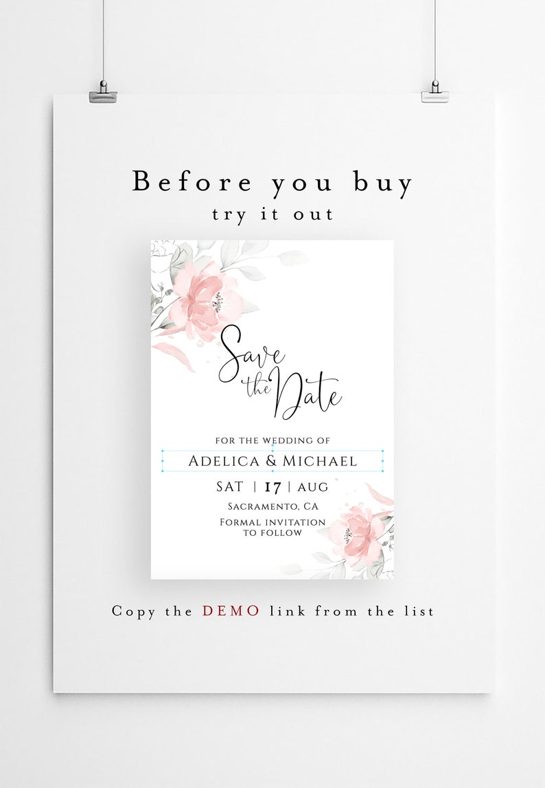 Templett Pink Floral save the date Printable Save the date template Bohemian Save The Date Card Instant Download 100/% Editable Text