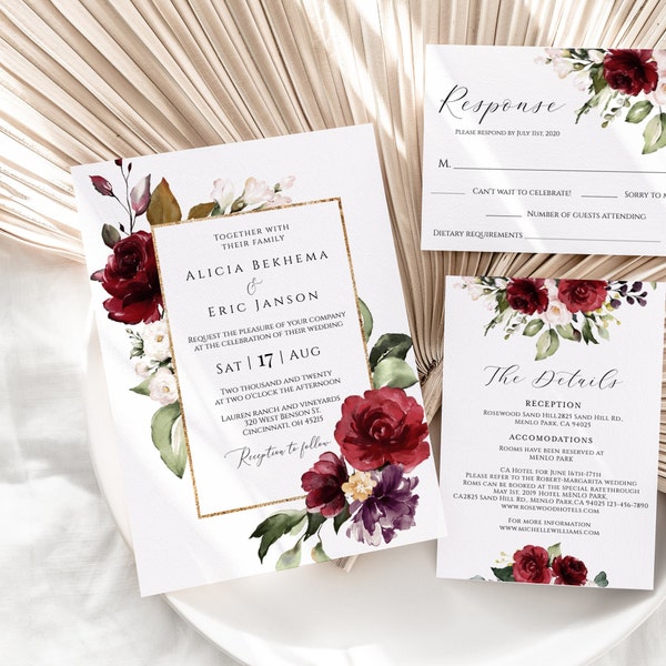 Burgundy Wedding Invitation Template Set, Wedding invitation template download burgundy, Wedding Invitation kit Template , Instant Download