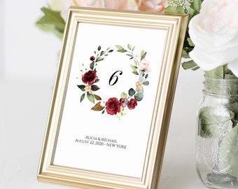 Burgundy wedding Table Number Card Template, Instant Download, Editable Wedding Table Numbers, Printable Table Numbers,  Fully editable
