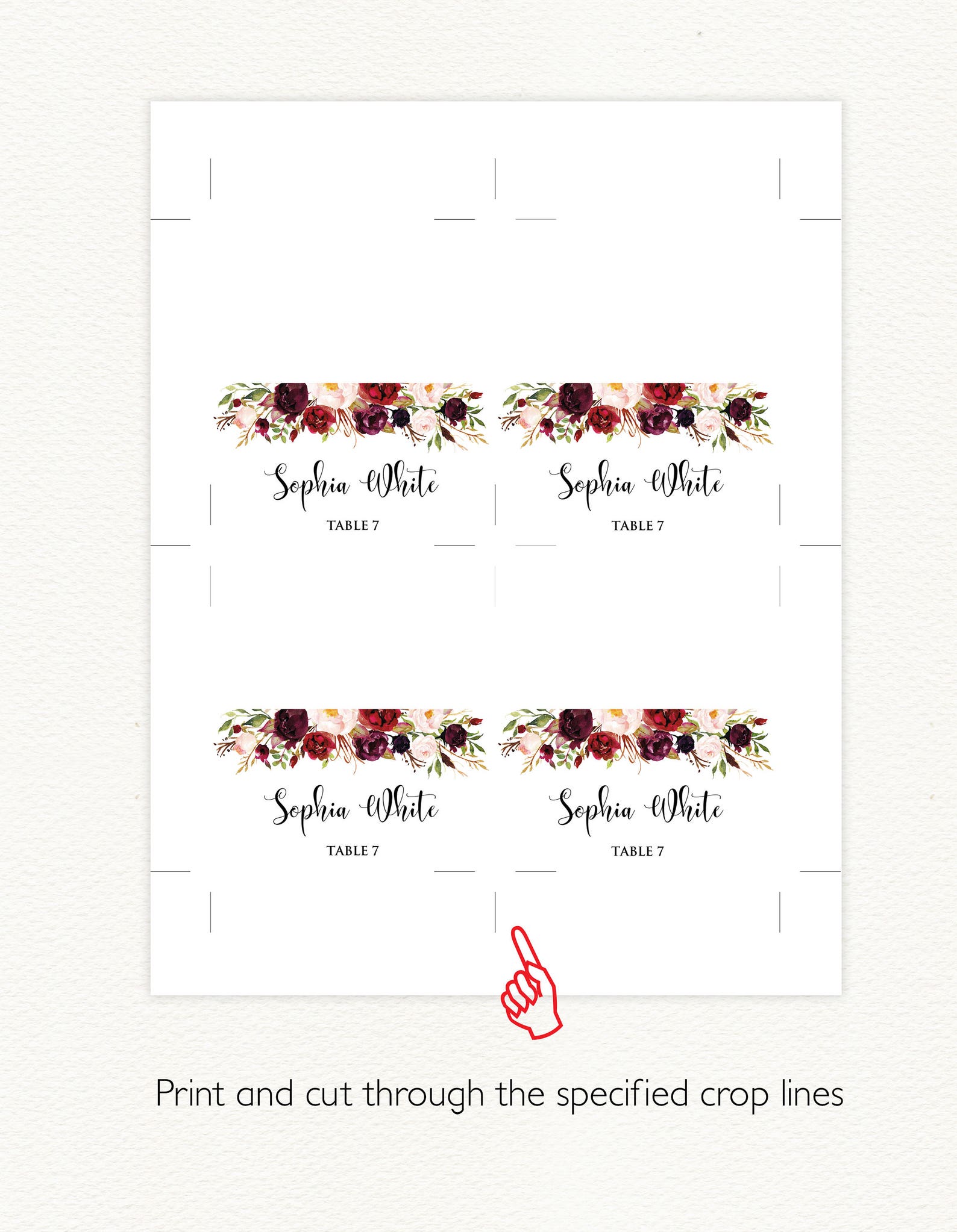 Marsala Wedding Place Cards Template Printable Wedding Place | Etsy