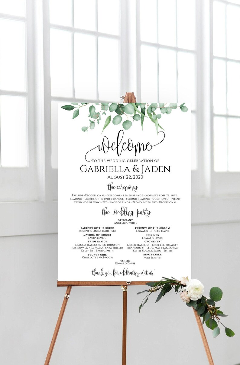 Ceremony Sign with Wedding Party, Greenery program sign, Gold Wedding Program Sign, Ceremony Sign, Wedding Party Sign, Gold Wedding Sign image 9