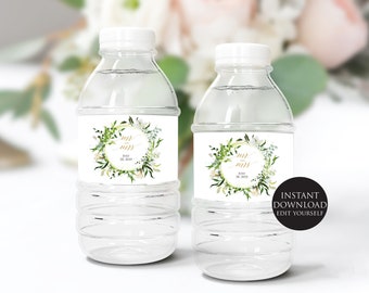 Green Floral Water Bottle Labels, Customizable Wedding Water Bottle Labels and Printable, Wedding Water Bottle Label, Greenery Vines Custom