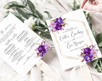 Purple Program Fan Template, Fan Wedding Program Fan Template, Fan Program Template, Editable Instant Download