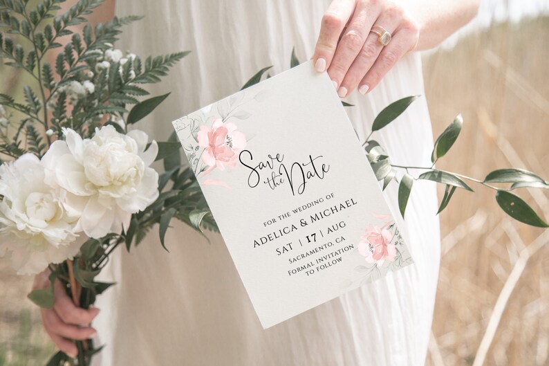 Templett Pink Floral save the date Printable Save the date template Bohemian Save The Date Card Instant Download 100/% Editable Text