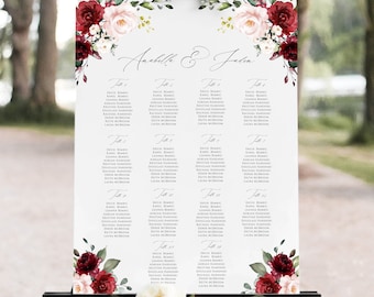 Navy Burgundy seating chart template, Fully Editable, Burgundy Wedding Seating Chart Board, Editable Seating Chart Poster, Templett