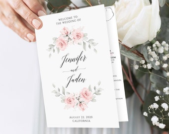 Floral folded Program Template, Floral Wedding Program, Order of Service, Editable Template, Pink  Wedding, Folded program, etsy.me/2KoL64S