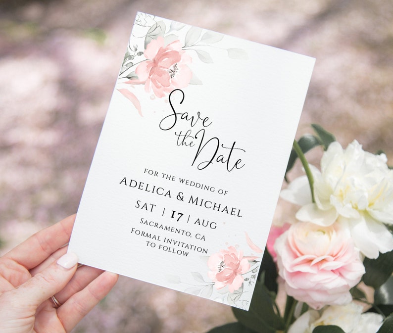Templett Pink Floral save the date Printable Save the date template Bohemian Save The Date Card Instant Download 100/% Editable Text