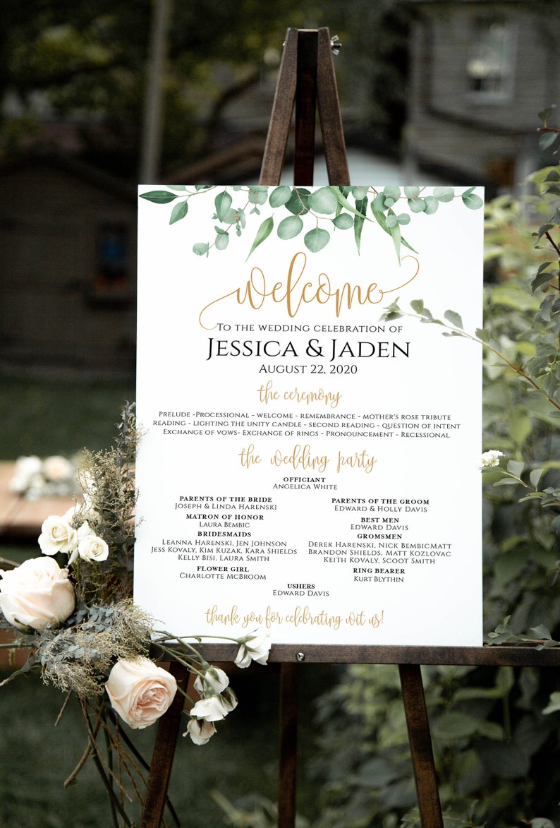 Ceremony Sign with Wedding Party, Greenery program sign, Gold Wedding Program Sign, Ceremony Sign, Wedding Party Sign, Gold Wedding Sign image 2